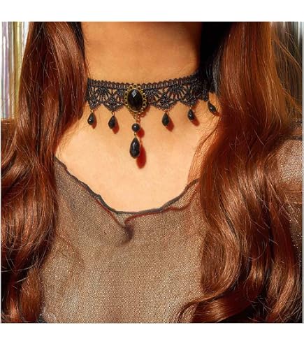 Collana Choker Gotica In Pizzo Nero Con Pendente Fiore E Perline - Gioiello Vintage Punk Per Halloween