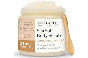 Bare Botanics Coconut Vanilla Body Scrub 24oz | Made in USA | All Natural Sea Salt Scrub w/Skin Loving Moisturizers | Vegan & Cruelty Free | Ready to Gift w/a Cute Wooden Spoon
