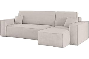 Kaiser Möbel, Ecksofa mit schlaffunktion, mit Bettkasten, Schlafsofa Best, Designer Sofa, Modern Design Couch, Polsterecke, Freistehend, Dicker Cord, Beige Rechts