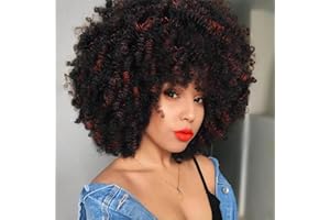 QUEENTAS Peluca afro de 10 pulgadas, peluca corta rizada con flequillo, pelo sintético de los años 70 y 80, pelucas elegantes para mujeres negras, peluca de Halloween (negro a rojo)