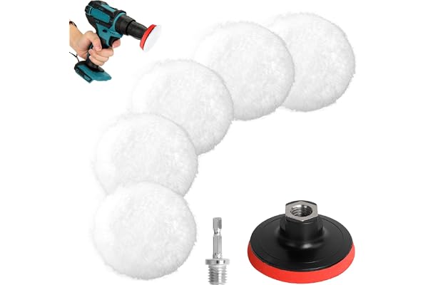 AiQInu 80mm Tampon Polissage En Laine, Jeu de disques de polissage 7 pièces, Pour Le Polissage Et Le Cirage De Voiture, Avec M14 Adaptateur De Perceuse