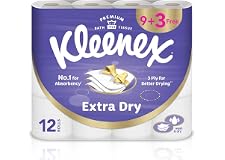 Kleenex Extra Dry Toilet Tissue Paper, 3 PLY, 12 Rolls x 160 Sheets, Embossed Bathroom Tissue with Superior Absorbency