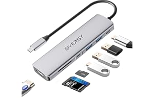 BYEASY Hub USB C, rozdzielacz USB C 7 w 1 z 4K HDMI, czytnik kart SD/TF, zasilanie 100 W, kabel 0,6 m, ultracienki adapter USB, kompatybilny z laptopami i innymi urządzeniami typu C