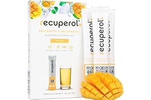 Recuperol Rehydration & Recovery Electrolytes Powder Supplement for Dehydration, 6 Sachets, Replace Mineral Salts & Fluids, Zinc, Vitamin C, B12, D3, Potassium, Natural Mango Flavour