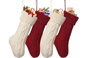 Dremisland 4 Piezas Medias de Navidad Grande Punto Calcetines de Navidad Rústicos Personalizados Calcetín Colgante Bolsa de Regalo para Decoración del Árbol Adorno Navidad, Crema y Burdeos, 38cm