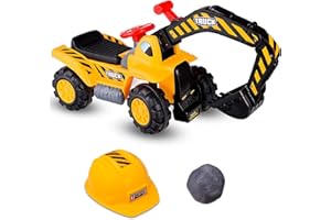 LIFEZEAL Escavatore Elettrico, Ruspa Cavalcabile, Scavatrice Cingolata per Bambini 3+ Anni, Spazio di Stoccaggio, Effetto di Suoni, con Pietra e Casco, Antiribaltamento, Peso Max 25 kg, 89x45x30 cm