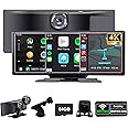 SCUMAXCON Portable Car Stereo Wireless CarPlay Android Auto 4K Dash Cam with Backup Cam Airplay 10.26" IPS Touchscreen Loop Recording GPS Navigation Bluetooth FM AUX Built in Speaker Android Cast