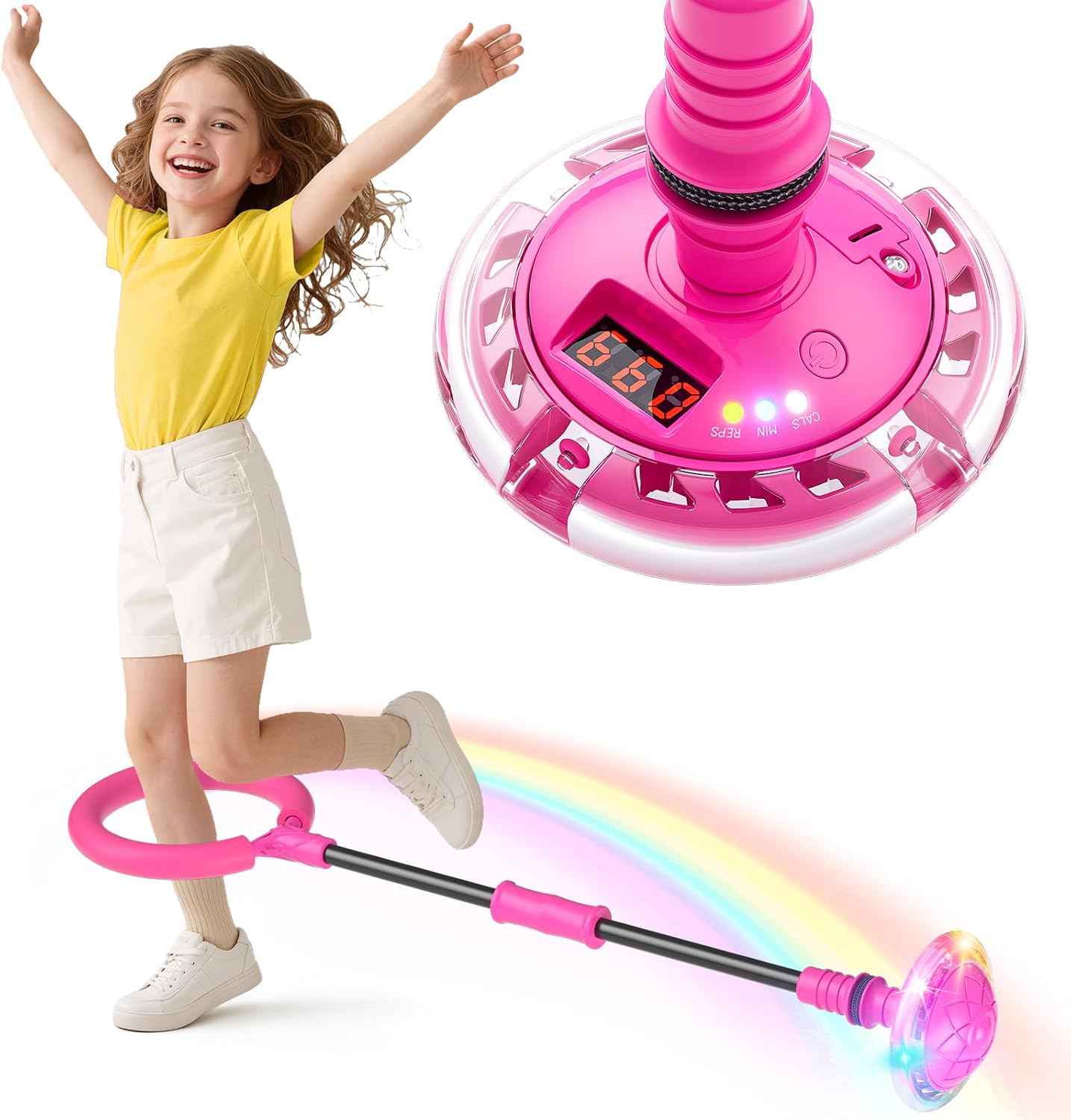 Jofuni Bola de Salto Tobillo Niña, Regalo Juguete Niñas 5 6 7 8 9 Años, Plegable a Pilas Bola con Contador, Temporizador y Calculadora de Calorías (Rosa)