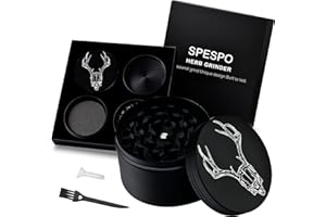 Spespo Herb Grinders | Large Spice Crusher 63mm, 4 Layers Metal Grinder with Pollen Scraper and Brush | for Spices, Herbs & Tea | Black Gift Box (Deer Carving)