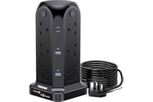 YOUDIAN Tower Extension Lead with USB Slots,12 Way Multi Plug Extension Tower,Max. 3250W Capacity,Surge Protection Extension Cord with Switch，Plug Socket Tower Power Strip with 2M