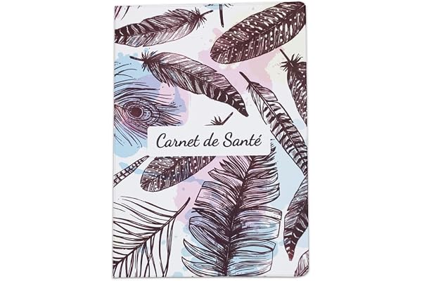 Nemau - Protège Carnet de Santé en Gomme Expansée – Fabriqué en France - Étui Carnet Bébé Enfant Fille ou Garçon Adulte - Format Maternité Standard - Idée Cadeau Naissance - Modèle Plume Colorée