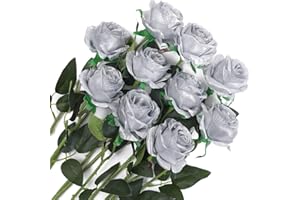 Veryhome 10 Pezzi Fiori Artificiali Rose di Seta Falso Bouquet da Sposa da Sposa per la casa Giardino Partito Decorazioni Floreali (d'argento)