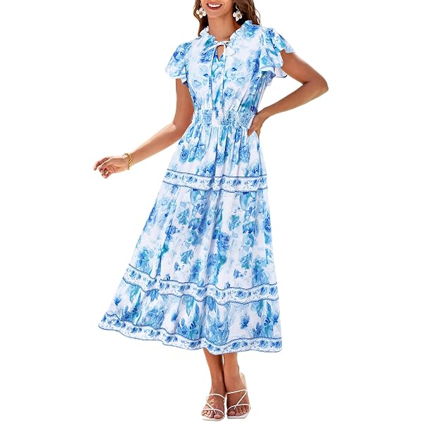GRACE KARIN Zomer Jurk Met Ruche Mouwen En Bloemenprint - Boho Maxi Swing Jurk