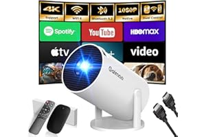 GAIMOO [2025 Model & Built-in Apps] Mini Projector 1080P FHD 4K Support Portable Projector with WiFi and Bluetooth 180° Adjustable Auto Keystone Compatible with TV Stick/Memory Stick/USB/Laptop, White