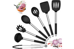 Joyfair Kitchen Utensils Set, 7 Pcs Silicone Cooking Utensils with Stainless Steel Handle, Non Scratch Cooking Tools Spatula Tongs Spoon for Non Stick Cookware, Heat Resistant & Dishwasher Safe, Black