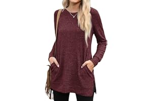 PrinStory Long Sleeve Tops Women Lightweight Jumpers Ladies Crew Neck Sweatshirts With Pockets