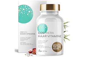 ‎COSPHERA Cosphera Haar-Vitamine - Hochdosiert mit Biotin, Selen und Zink als Beitrag zum Erhalt normaler Haare. Plus Folsäure & Hirse Samen Extrakt (reich an Silizium) - 120 vegane Kapseln im 2 Monatsvorrat.