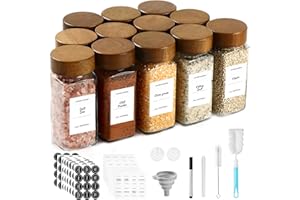 SXTIHD Tarros de especias de vidrio y madera, 12 × 120 ml. Juego de recipientes para especias con tapas de madera de acacia, etiqueta