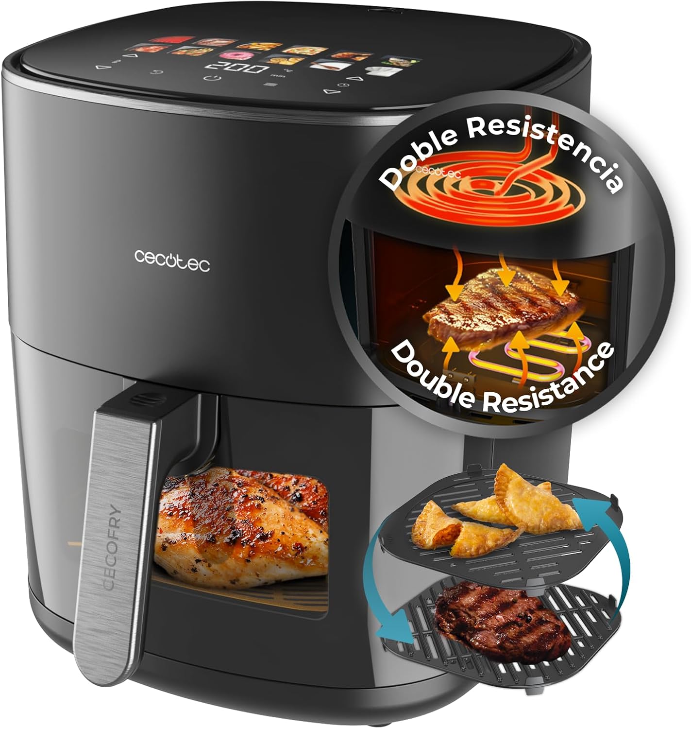 Cecotec Freidora de Aire sin Aceite 6,5L con Doble Resistencia Cecofry&Grill Duoheat 6500 Plus. 2200W, Air Fryer, Grill y Plancha, Pizzas, Ventana Visualización, 12 Menús, Temperatura 40-200°C