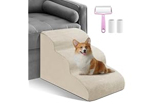 MIDOUAUTOUK Dog Ramp 3 Steps for Small Dogs and Cats Beige, Pet Stair for Sofa and Bed Non-Slip Foam Dog Steps with Removable Washable Cover, Send Lint Sticky Roller Set