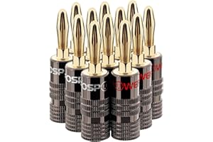 FosPower Bananenstecker Für Lautsprecherkabel - Bananenstecker Lautsprecher, Für Wandplatte und Subwoofer Kabel - Kabelschuhe Vergoldet 24K, High-End - 6 Rot & 6 Weiß - 6 Paare / 12 Stück