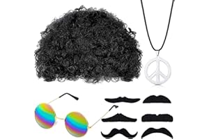 ALVILLER 4Pcs Hippie Costume Set, Hippy Accessories with Peace Sign Sunglasses Necklace Funky Afro Wig and Fake Moustache for Kids Adults 60s/70s Theme Party Supplies