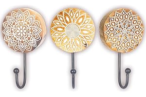 MANDALA LIFE ART Gancio decorativo da parete – Confezione da 3 – Legno di mango grezzo naturale – Timbro curvo a mano in legno con gancio in metallo per cappotti, asciugamani, chiavi, vestiti – Appendiabiti