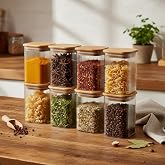Deconox 6'lı Set 350 ml Bambu Kapaklı Kare Cam Kavanoz - 6x10 cm Vakumlu Orta Boy Şeffaf Erzak Kabı Kahve &Ccedil;ay Baharatlık ve M