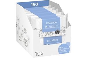 Lingettes LILLYDOO pour bébé faites à 99% d'eau, Lot de 10 x 15 (150 pièces), tissu 100% sans plastique, sans parfum et doux comme du coton et de l'eau