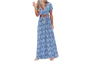Zhsxertwy Boho Dresses for Women UK Clearance V Neck Short Sleeve Ladies Casual Long Beach Sundress with Belt Bohemian Floral High Waist Split Summer Maxi Dress Elegant