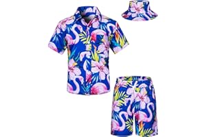 TUNEVUSE Little and Big Boys Hawaiian Shirt and Short Set, Summer Printed Kids Cabina Set with Hats