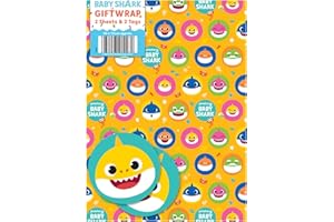 DANILO PROMOTIONS LIMITED Papel de regalo de tiburón bebé 4 hojas 4 etiquetas, tamaño de la hoja, 70 cm x 50 cm, producto oficial con recursos responsables