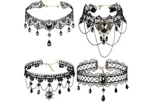 MELEAGER Gothic Halskette Set, 4 Stück Schwarz Spitze Choker, Halloween Lace Choker Halskette Schwarz, Vampir Kette Damen, Kostüm Schmuck für Karnevals Maskerade Party