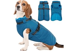 Kuoser Hundemantel für Mittelgroße Hunde Winter, wasserdichte Hundejacke mit Geschirr, Warmer Wintermantel Hund mit Fleecefutter, Fleecemantel Hundepullover Blau L