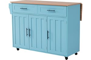 Azkoeesy Carrito de cocina con 5 ruedas, isla de cocina con encimera ampliable, armario de cocina, carrito de servir, con 2 cajones y estante, 129 x 91,5 x 46-71 cm (azul)