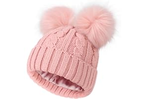 Creekstone Bobble Hat Satin Lined Winter Beanie Hats for Women Girls Warm Knit Hats with Faux Fur Double Pom Pom Ears
