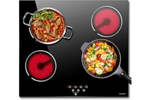 NOXTON Ceramic Hob, Built-in 4 Zone Electric Hob Cooker 60cm Unrestricted Pans 9 Power Level Heat Evenly Black Glass Touch Controls Safe Lock Heat Indicator