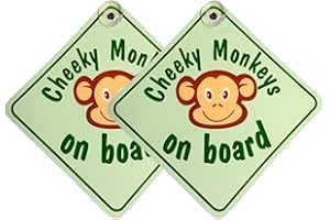 Tek Automotive Green Cheeky Monkeys on Board Car Sign | Twin Pack | Baby on Board Sign for Car | 5.5" x 5.5" with Suction Cup | Baby Car Sticker | Fun Baby on Board Badge for Kids Safety