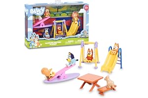 Bluey - Parque, Playset de Juegos con 5 Figuras de los Personajes de la Serie y Accesorios del Parque, Columpio, tobogán, balancín y Mesa de Picnic, niños y niñas +3 años, Famosa (BLY51000)