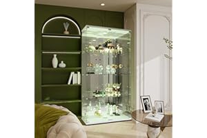 Foerpl vitrina, cristal LED, vitrina de cristal para colección con 2 puertas, vitrina de cristal de 4 capas, gabinete con cerradura vitrina, mueble salón bar (panel trasero espejo +luz, blanco)