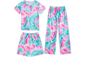 Fanient Girls Pyjamas Sets Colorful Printed Sleepwear Short Sleeve Nightwear Pjs 3 Piece Sets 7-14 Years