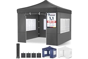 ONBEST Pavillon – 3x3m – Großer Eingang - Wasserdicht – Pop up Gestell – Seitenwänden mit 3x3 Fenstern – Zusätzlich mit Tasche – Faltbarer Outdoor Pavillon Faltpavillon (Grau)