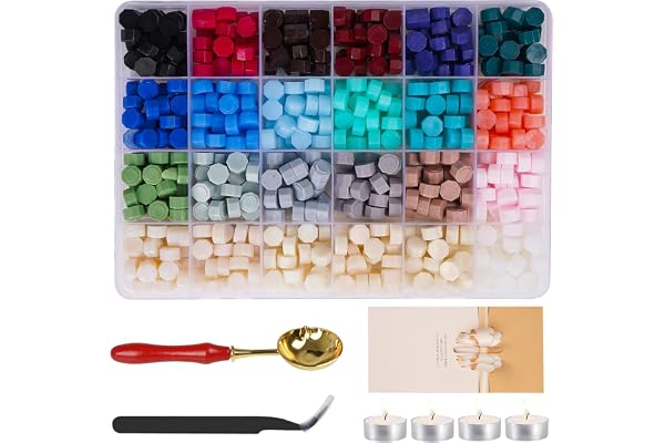 24 Couleurs Perles de Cire à Cacheter Kit, 600+ Pièces Perles de Cire Octogonales Kit à Cacheter avec 4 Bougies 1 Cuillère et 1 Pince pour Invitations de Mariage, Enveloppes, Cartes-D