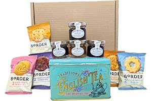 LAIZY STUFF Tea and Biscuits Gift Set Hamper - New English Breakfast Teabags Mint Green Tea Tin bundle with 3 pcs Jams Mini Jars and 1 pc Pure Clear Honey, and 5 pcs Borders Biscuits - Afternoon Tea Hamper