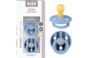 BIBS Colour Studio smoczek, 2 sztuki, nie zawiera BPA, sutki w kształcie wiśni. Kauczuk naturalny/lateks, wyprodukowano w Danii, rozmiar 1 (0-6 miesięcy), niebieski Pin Sky Blue