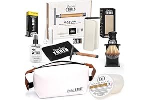BARBER TOOLS WWW.BARBER-TOOLS.COM Kit de rasage - Rasoir de Sécurité/Rasoir de Sûreté + 40 doubles lames + Blaireau de rasage + savon de rasage 150ml + Baume après rasage 30ml + Pierre d'alun + Grand sac ✮ BARBER TOOLS ✮
