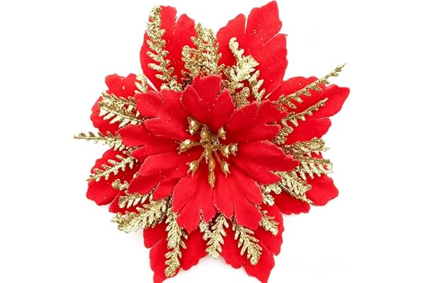 30 st glitter julstjärna konstgjorda blommor för julgran, glitter julblommor konstgjord julstjärna blommor med stjälkar julgransprydnader för julfest krans dekoration (röd +