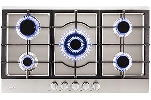 PremierTech Piano Cottura a Gas, 5 fuochi, 90 cm (86cm), Supporti in Ghisa Professionali, Predisposto Metano e Kit Ugelli GPL Inclusi, Manopole in Alluminio, Da Incasso, Acciaio Inox, PC5G90