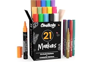 ‎CHALKOLA Chalkola 21 Kreidestifte für Tafel Abwaschbar - (21 Stifte 6mm, Kreidestift) | Kreidestifte für Fenster, Tafelkreide & Metallic Glasstifte, Chalk Marker, Kreidemarker Abwischbar, Fensterfarben Kinder