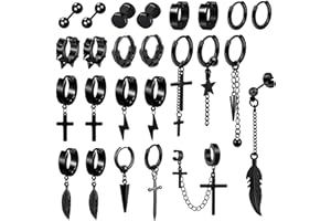 BVLAGIDA 25Pièces Boucle d'Oreille Homme, Acier Inoxydable Boucles d'Oreilles, Boucle d'Oreille Créole, boucle d'oreille pendante homme, Noir Clous d'Oreilles pour Homme Femme